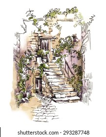 Hand made vector sketch of old town elements. Watercolor artwork.