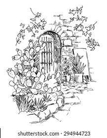Hand made vector sketch of old town. Line artwork.