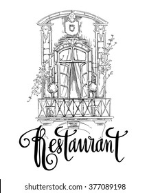 Hand made vector sketch of old town fragment. Calligraphic inscription. Restaurant. Isolated on white background.