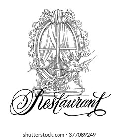 Hand made vector sketch of old town fragment. Calligraphic inscription. Restaurant. Isolated on white background.