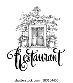 Hand made vector sketch of old town fragment. Calligraphic inscription. Restaurant. Isolated on white background.
