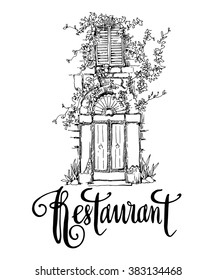 Hand made vector sketch of old town fragment. Calligraphic inscription. Restaurant. Isolated on white background.