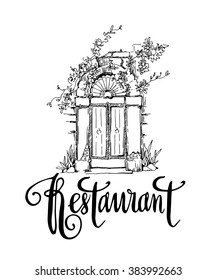 Hand made vector sketch of old town fragment. Calligraphic inscription. Restaurant. Isolated on white background.