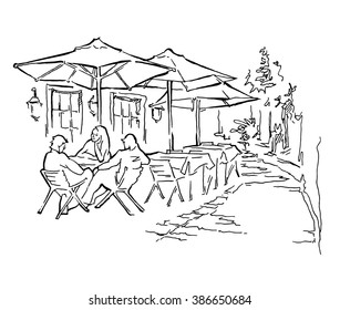 Hand made vector sketch of old town fragment. Restaurant. Isolated on white background.