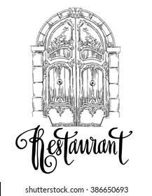 Hand made vector sketch of old town fragment. Calligraphic inscription. Restaurant. Isolated on white background.