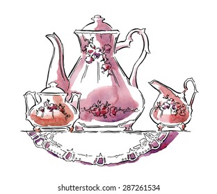 Hand made vector sketch of tea service. Watercolor artwork. 