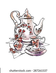 Hand made vector sketch of tea service. Watercolor artwork. 