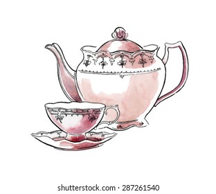 Hand made vector sketch of tea service. Watercolor artwork. 