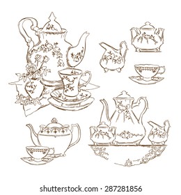 Hand made vector sketch of tea service.