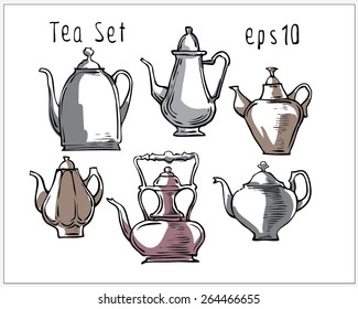 Hand made vector sketch of teapots 