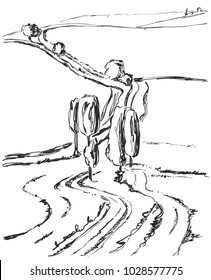 Hand made vector sketch of vineyard landscape. Fields, hiil, tree.