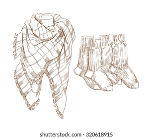 Hand made vector sketch of warm socks made in vintage style.