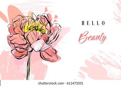 Hand made vector spring abstract creative textured collage with peony flower,freehand textures and typography modern quote Hello beauty in pastel colors isolated on white background.