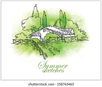 Hand made vector watercolor sketch of summer, trees and houses