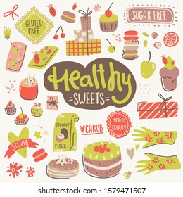 Hand made vegan bakery, ingredients, packaging and cooking utensils. Cute simple style, vector illustration. Lettering healthy sweets.