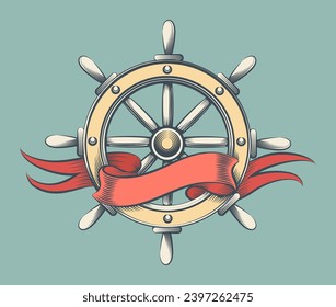 Hand Made Vintage Steering Wheel with Banner Drawn in Engraving Style. 100% Hand Drawn Vector Illustration. No AI was used.