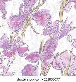 Hand made watercolor iris flowers seamless pattern. All objects are conveniently grouped  and are easily editable.