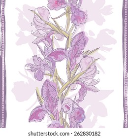 Hand made watercolor iris flowers seamless border. All objects are conveniently grouped  and are easily editable.