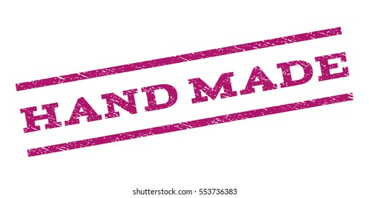 Hand Made watermark stamp. Text caption between parallel lines with grunge design style. Rubber seal stamp with scratched texture. Vector purple color ink imprint on a white background.