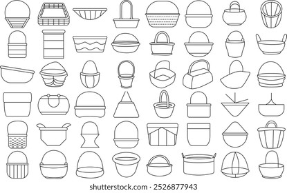 Hand made wicker basket icon set for logo and T-Shirt design. Thin line art editable stroke.