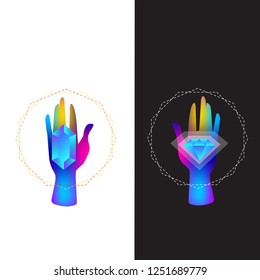 Hand with magic crystal on black and white background. Vector illustration for posters, banners and much more.
