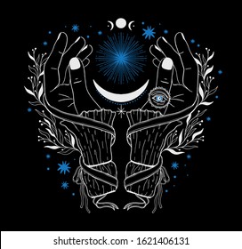 Hand magic inspiration fortune chiromancy. Esoteric sign alchemy, decorative style. Vector illustration.