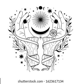 Hand magic inspiration fortune chiromancy.Occult mystic symbol, graphic design tattoo. Esoteric sign alchemy, decorative style. Vector illustration.