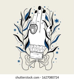 Hand magic inspiration fortune chiromancy.Occult mystic symbol, graphic design tattoo. Esoteric sign alchemy, decorative style. Vector illustration.