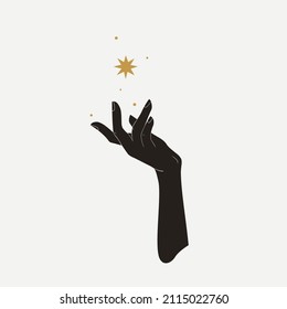 Hand with magic star. Hand-drawn alchemy, religion, spirituality, occultism. Vector illustration in hipster style isolated.Esoteric symbols and witchcraft.