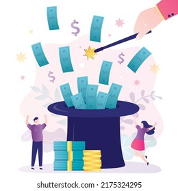 Hand With Magic Wand Conjured Lot Of Cash From Hat. Businesspeople Rejoice In Quick And Easy Earnings. Entrepreneurs Got Rich Through Magic. Wizard Made Successful Money Trick. Vector Illustration