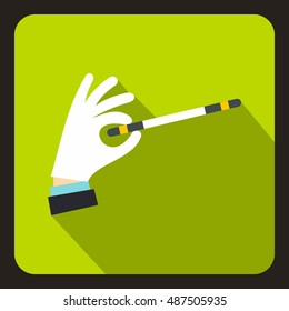 Hand with magic wand icon in flat style with long shadow. Tricks symbol vector illustration