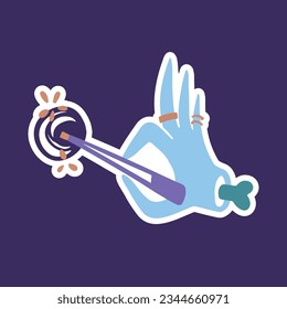 Hand with a magic wand in the process of a spell. Magic, wizard. Vector sticker with stroke, simple outline style.