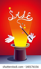 Hand with magic wand showing sale word