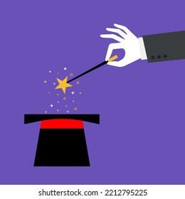 Hand of magician with magic wand with sparkle and magical hat isolated on purple. Magic trick performance with miracle magical stick. Wizard tools, circus, show concept. Flat style