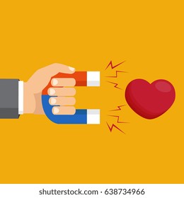 Hand with magnet attracting hearts. Vector illustration. Love attraction concept. 