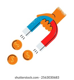 hand with a magnet attracts money on a white background. the concept of financial success. flat pattern with texture, bright colors. stock vector illustration. EPS 10.