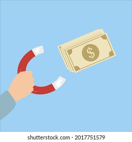 hand with a magnet to which funds are attracted, badge emblem, investment attraction vector illustration
