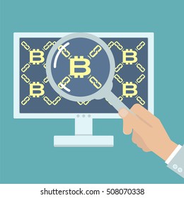 Hand with magnifier analyzing bitcoin. Vector illustration on computer blockchain technology, digital currency, distributed database in flat style.