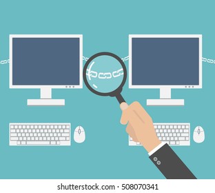 Hand with magnifier analyzing chain between computers. Vector illustration on computer blockchain technology, digital currency, distributed database in flat style.