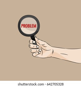 Hand with a magnifier detecting a problem on light brown background