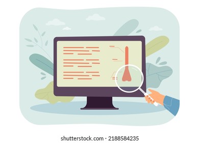 Hand with magnifier in front of monitor with scheme of rocket. Engineer studying spaceship infographic flat vector illustration. Rocket science, engineering, technology concept for banner