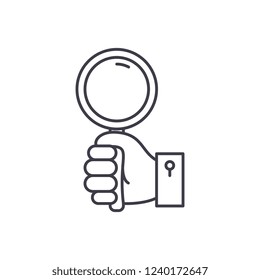 Hand with magnifier line icon concept. Hand with magnifier vector linear illustration, symbol, sign