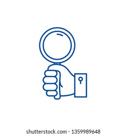 Hand with magnifier line icon concept. Hand with magnifier flat  vector symbol, sign, outline illustration.