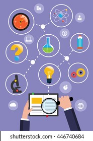 Hand with magnifier. Open book eduction flat design concept. Vector illustration.