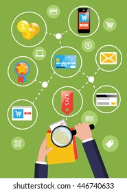 Hand with magnifier. Pay per click marketing icons in flat design