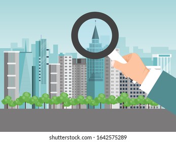 Hand with magnifier search building vector illustration. Man holding magnifying glass choosing house. Real estate concept. Choosing design apartments for sale or rent