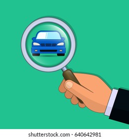 Hand with magnifier search a car vector illustration. Find car concept.