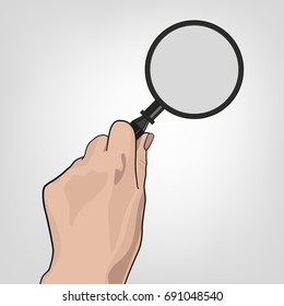Hand with the magnifier.  Searching, detecting and analyzing concept. Vector illustration useful for search sign and icon isolated on light grey background.