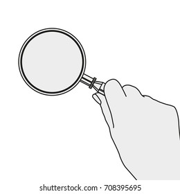 Hand with the magnifier.  Searching, detecting and analyzing concept. Vector illustration useful for search sign and icon in grey and black colours isolated on a white background.