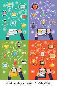 Hand with magnifier. Website development and design, in flat illustration. Set of the vector images